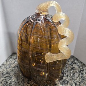 Hand Blown Glitzhome Amber Art Crackle Glass 9" Pumpkin Swirl Stem Halloween